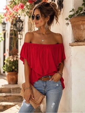 Midnight Velvet Women's Red Off Shoulder Overlay Top
Size M European Summer Chic